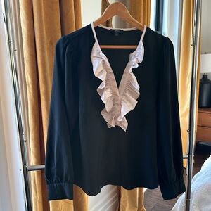 Size Large Black Blouse with feminine ruffles at the neck By J. Crew